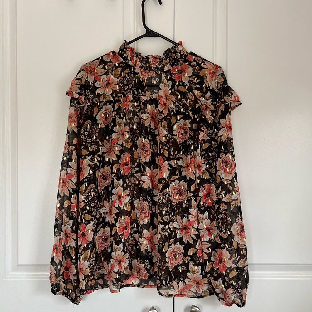 Maurices Black and Gold Ruffled Blouse with Mandarin Collar